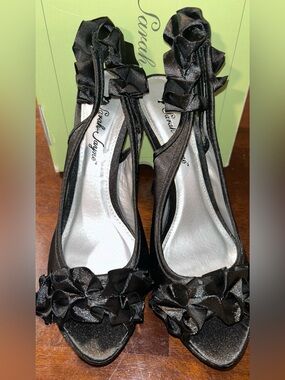Sarah Jayne Black Satin Ruffle Peep-Toe Pumps with Bow Detail